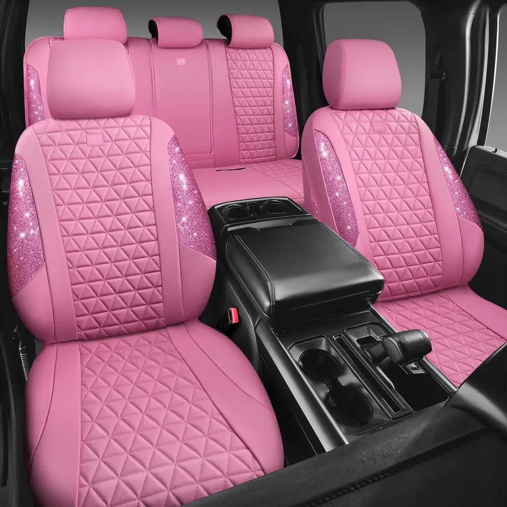 Glittering Pink Diamond Leather Car Seat Covers, Waterproof & Universal Fit for Cars, Trucks, SUVs, with Crystal Armrest, Ideal
