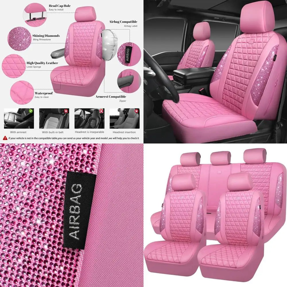 Glittering Pink Diamond Leather Car Seat Covers, Waterproof & Universal Fit for Cars, Trucks, SUVs, with Crystal Armrest, Ideal