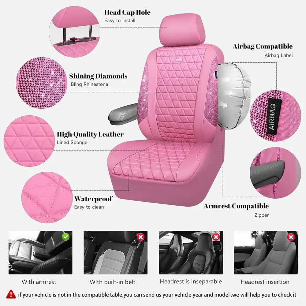 Glittering Pink Diamond Leather Car Seat Covers, Waterproof & Universal Fit for Cars, Trucks, SUVs, with Crystal Armrest, Ideal